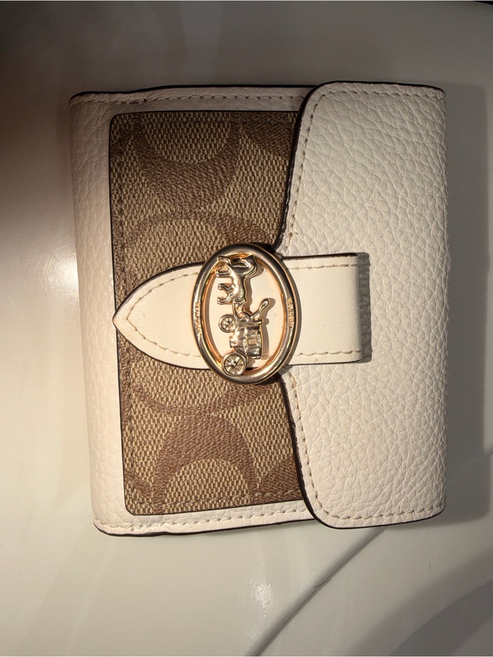 Coach White Pebbled Leather & Signature Canvas Card Holder with Gold Tone Logo